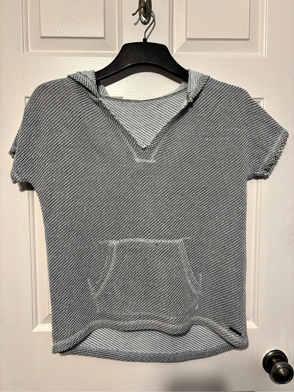 Gray and Light Blue Hooded Short Sleeve Top